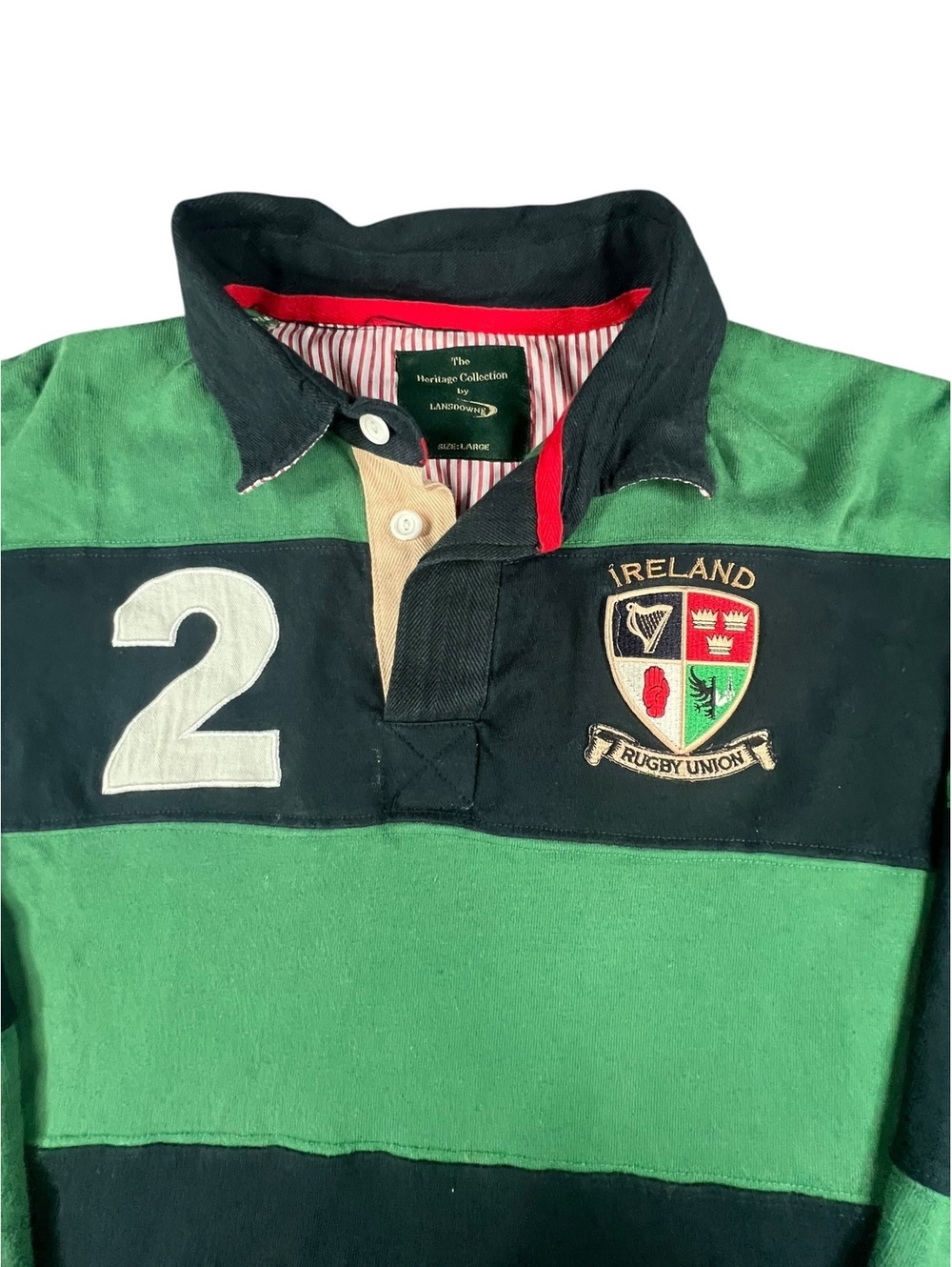 Ireland Rugby Shirt Green Navy Striped Oversized Heritage Polo Large - Picture 6 of 6